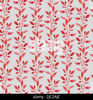 Motivo acquerello con foglie rosse in direzione verticale. Foglie rosse su sfondo grigio. Design per tessuti e stampa su carta. Un modello statico. Foto Stock