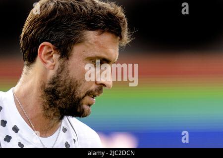 ROSMALEN - tennista Gilles Simon (Francia) in azione contro Daniil Medvedev (non nella foto, Russia) al torneo internazionale di tennis Libema Open. Il torneo di tennis olandese combinato per uomini e donne si terrà sui campi in erba di Autotron per dodici giorni. LEVIGATRICE ANP KING Foto Stock