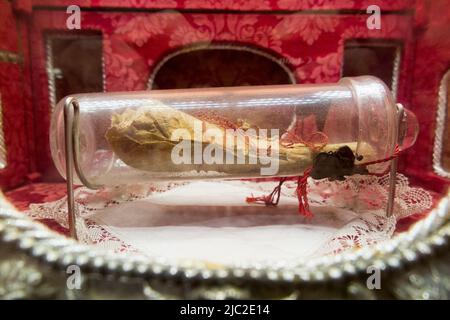 L'omero - l'osso superiore del braccio - del braccio sinistro di Santa Lucia, una reliquia, è esposto ai piedi dell'altare nella cappella di Santa Lucia (Santa Lucia) nella Cattedrale di Siracusa, in Sicilia. Italia. (129) Foto Stock