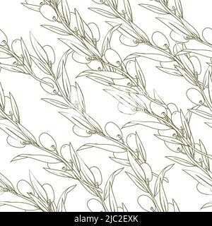 Disegno senza giunture con rami di ulivo disegno vettoriale a mano. Sfondo decorativo senza fine per olive, olio e alimenti imballo des Illustrazione Vettoriale