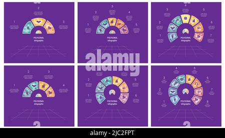 Semicerchio colorato poligonale. Infografica sui modelli per 3 4 5 6 7 8 posizioni con area di testo Illustrazione Vettoriale
