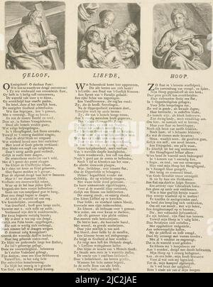 Le tre personificazioni delle virtù teologiche sono fede, speranza e amore. Tre stampe su un foglio, con tre colonne sotto ciascuna contenente una poesia di 56 righe. Fede personificata come figura femminile con croce, Amore come donna con figli e speranza come figura femminile con ancora., tre virtù teologiche fede, speranza, amore attenta riflessione sulle tre virtù di Christelyke Hooft (titolo sull'oggetto), tipografia: Dirk van Hoogstraten, (menzionato in oggetto), G. Brit, (menzionato in oggetto), editore: Pieter Terwout, (Citato in oggetto), Rotterdam, 1606 - 1640 e/o 1700, carta, incisione Foto Stock