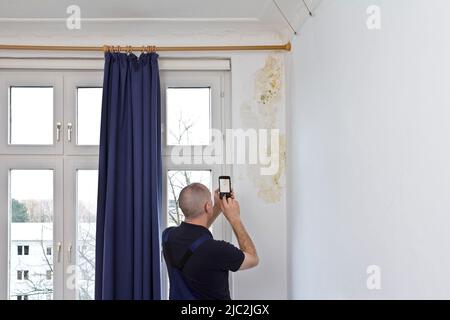 Uomo che scatta una foto di una grande toppa di muffa o muffa che cresce dietro i tendaggi di un muro esterno bianco in una vecchia casa. Foto Stock