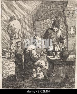 Due contadini affumicatori, uno seduto, l'altro in piedi, vicino ad un tavolo. In background, un coltivatore urinates in un secchio., due contadini fumanti da un tavolo, David Teniers (II), creatore di stampa: anonimo, 1626 - 1690, carta, incisione, h 99 mm x l 86 mm Foto Stock