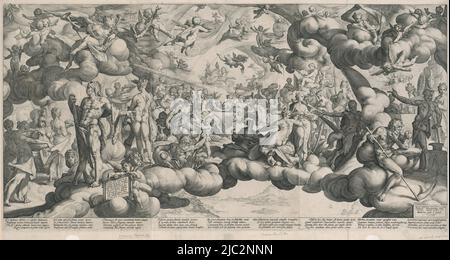 La celebrazione del matrimonio tra Cupido e Psiche da parte di una grande folla di dèi e divinità in mezzo a filoni di nuvole. Sotto la scena nove volte quattro righe di testo latino, matrimonio di Cupido e Psiche, tipografia: Hendrick Goltzius, (menzionato sull'oggetto), Bartolomeo Spranger, (menzionato sull'oggetto), editore: Hendrick Goltzius, (Citato in oggetto), Haarlem, 1587, carta, incisione, a 435 mm x l 861 mm Foto Stock