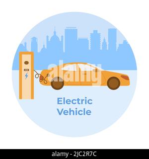 Illustrazione vettoriale stazioni di ricarica per veicoli elettrici Automobile elettrica. Energia verde. Nuove tecnologie eco-compatibili con i trasporti. Eco-compatibile. Ecologia. Ambiente Illustrazione Vettoriale