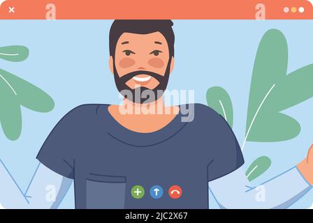 Finestra di chat video con l'uomo all'aperto. Chiamata Happy Person isolata su sfondo bianco Illustrazione Vettoriale