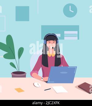 Ambiente di lavoro in ufficio con una donna che lavora in cuffia. Il dipendente del supporto client è isolato su sfondo bianco Illustrazione Vettoriale