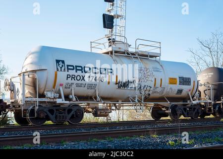 Autocisterne ferroviarie Procor. Trasporto ferroviario automobili catturati nel sud-ovest Ontario Canada. Foto Stock