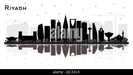 Riyadh Arabia Saudita skyline Silhouette con edifici neri e riflessi isolati su bianco. Illustrazione vettoriale. Illustrazione Vettoriale