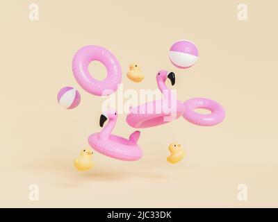 3D rendering di palle di fenicotteri e anelli da bagno gonfiabili rosa con anatre di gomma gialle su sfondo beige Foto Stock