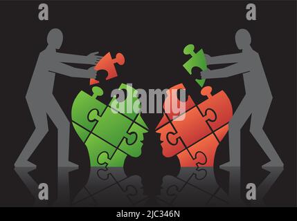 Due uomini, comprensione e dialogo reciproci, concetto di puzzle. Illustrazione dell'assemblaggio di un puzzle della testa del partner di dialogo. Psicologia del rapporto. Illustrazione Vettoriale