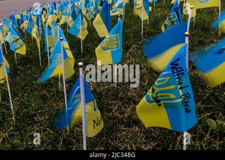 Bandiere nazionali ucraine, che rappresentano uccisi nella guerra con la Russia, sono viste di fronte al monumento temporaneo con una nota 'ucciso da Putin' in Piazza Maidan nella città vecchia di Kyiv, Ucraina il 9 giugno 2022. Mentre la Federazione russa ha invaso l'Ucraina 3 mesi e mezzo fa, continuano feroci combattimenti nell'est del paese. La capitale, Kyiv rimane in relativa sicurezza, anche se i richiami della guerra come le borse di sabbia protettive, i blocchi stradali, i simboli nazionali e anti-guerra sono presenti in tutta la città. (Foto di Dominika Zarzycka/Sipa USA) Foto Stock