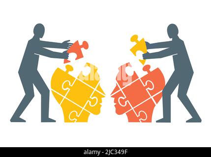 Due uomini, comprensione e dialogo reciproci, concetto di puzzle. Illustrazione dell'assemblaggio di un puzzle della testa del partner di dialogo. Concetto di psicologia . Illustrazione Vettoriale