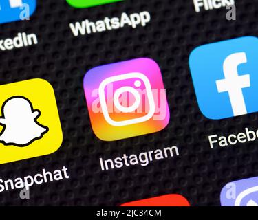Applicazione Instagram su uno smartphone, primo piano Foto Stock