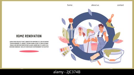 Home ristrutturazione, pittura e riparazione opere sito web modello banner, illustrazione vettoriale piatta. Home pittura e restauro opere pubblicità per il web Illustrazione Vettoriale