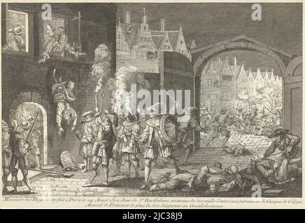 La Notte di Bartolomeo o il matrimonio del sangue di Parigi. In primo piano a sinistra, l'ammiraglio Gaspard de Coligny è buttato fuori da una finestra dai soldati. Una folla armata si è riunita sotto la finestra e sta guardando. In primo piano a destra, diversi cadaveri si trovano nella strada e la gola di un protestante è trafitto da una rapa. Sullo sfondo, attraverso un cancello aperto, la continuazione del massacro nelle strade di Parigi, Notte di Bartolomeo, 1572, tipografo: Gaspar Bouttats, (menzionato sull'oggetto), Anversa, 1650 - 1695, carta, incisione, h 258 mm x l 383 mm Foto Stock