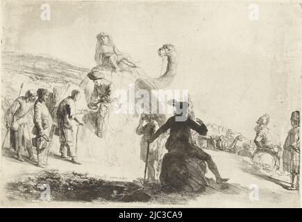 Il giovane Giuseppe si alza al centro e guarda a terra, davanti a lui un uomo siede su una pietra. Dietro Giuseppe c'è un uomo a cavallo che consegna denaro a uno dei fratelli di Giuseppe, gli altri fratelli stanno accanto, Giuseppe venduto dai suoi fratelli, tipografo: Constantijn à Renesse, (menzionato in oggetto), Constantijn à Renesse, (menzionato in oggetto), Paesi Bassi, 1653, carta, incisione, h 245 mm x l 356 mm Foto Stock