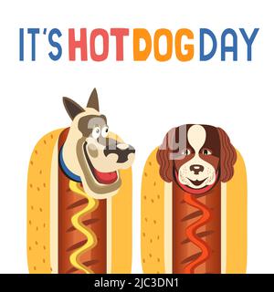 Divertenti cani all'interno hot dog carino illustrazione vettoriale. Fumetto cartone animato canine vestito hot dog costume isolato, sfondo bianco Illustrazione Vettoriale