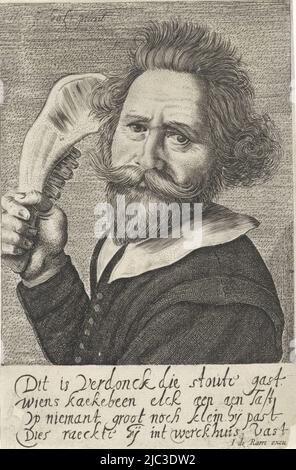 Ritratto di un uomo selvaggio sconosciuto con il nome di Verdonck, tenendo la mascella di un asino nella sua mano sinistra. Con quattro righe di didascalia olandese, dicendo che è finito in su nel Workhouse., Ritratto di Verdonck, con la mascella dell'asino, creatore di stampa: anonimo, Jan van de Velde (II), dopo: Frans Hals, (menzionato sull'oggetto), Paesi bassi, 1668 - 1693, carta, incisione, h 172 mm x l 113 mm Foto Stock