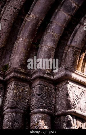 Archi romanici scolpiti nelle rovine di Cong Abby a Cong, Irlanda. Foto Stock