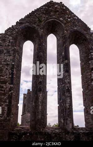 Le rovine della finestra di Lancet all'abbazia di Cong a Cong, Irlanda. Foto Stock