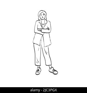 linea arte tutta la lunghezza di donna sorridente di affari con le braccia incrociate illustrazione vettore disegnato a mano isolato su sfondo bianco Illustrazione Vettoriale