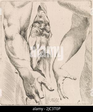 Due studi di armi: A sinistra di un uomo, a destra di una donna. Il braccio sinistro dopo la scultura di Ercole Farnese., Arm studia studi per un libro di disegni dopo sculture e figure classiche di Anthony van Dyck (titolo della serie), tipografo: Augustinus Terwesten (i), (menzionato in oggetto), Roma, 1672 - 1711, carta, incisione, h 127 mm x l 112 mm Foto Stock