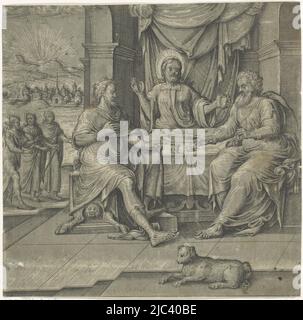 Cristo siede a tavola con i discepoli di Emmaus e spezza il pane. In primo piano è un cane. Sullo sfondo Cristo cammina con i due discepoli a Emmaus, pasto a Emmaus pasti di Cristo (titolo della serie), tipografo: anonymous, Frans Floris (i), Crispijn van den Broeck, (rigettato attribuzione), Anversa, c.. 1570, carta, incisione, h 227 mm x l 232 mm Foto Stock