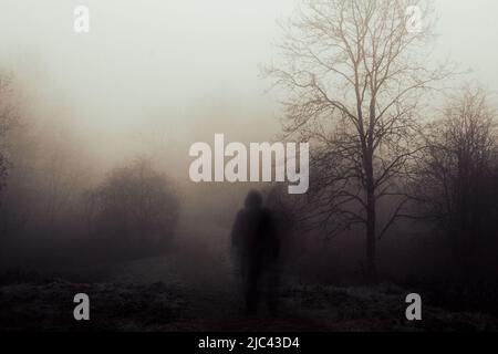 Un concetto spettrale di figura sfocata e spettrale. Camminando su un sentiero in una giornata spaventosa e nebbia inverni in campagna. Foto Stock