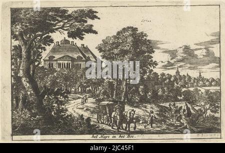 Vista di Huis Ten Bosch, tra gli alberi. In primo piano una carrozza disegnata da due cavalli, Huis Ten Bosch het Huys in het Bos (titolo sull'oggetto), tipografo: Cornelis Elandts, l'Aia, 1663 - 1670, carta, incisione, a 106 mm x l 168 mm Foto Stock