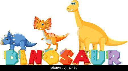 Gruppo di dinosauri carino con illustrazione del logo della parola dinosauri Illustrazione Vettoriale