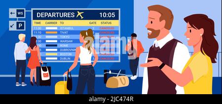 I passeggeri preoccupati e delusi aspettano, ritardano il volo della compagnia aerea, problemi aerei, sala d'attesa, illustrazione vettoriale del terminal. Annullato Illustrazione Vettoriale