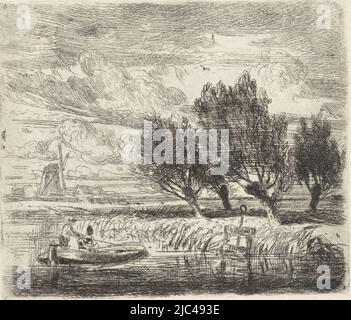 Vista su un corpo d'acqua su cui si trovano quattro salici di pollard. In primo piano due figure in uno slop e sullo sfondo un mulino a vento, Pollard salici sul lungomare, tipografo: Augustinus Jacobus Bernardus Wouters, Olanda, 1839 - 1904, carta, incisione, a 74 mm x l 86 mm Foto Stock