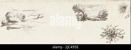 Foglio con quattro vignette: Cherubino di fronte ai raggi del sole nelle nuvole, paesaggio con il sole crescente, acqua con il cigno che vola su e scriva con i fiori., foglio con quattro vignette, tipografia: Willem Bilderdijk, Olanda, 1766 - 1785, carta, incisione, a 61 mm x l 221 mm Foto Stock