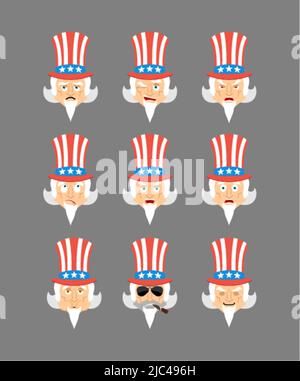 Zio Sam ha ambientato l'avatar emoji, volto triste e arrabbiato, colpevole e addormentato. Uomo che dorme il viso emozionale. Illustrazione Vettoriale