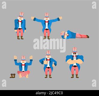 Zio Sam pose. Uomo felice e yoga. Dormire e arrabbiato. Colpevole e triste. Illustrazione Vettoriale
