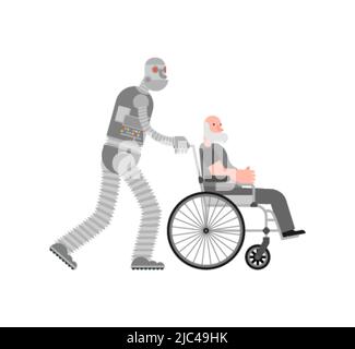 Infermiere robot per pensionati. L'assistente di cyborg aiuta una persona con disabilità su una sedia a rotelle Illustrazione Vettoriale