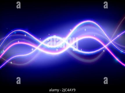 La luce al neon segue le onde con raggi blu e viola. 80s linee o fili al neon di stile che illuminano sullo sfondo astratto. Illustrazione Vettoriale