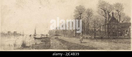 Case lungo il fiume Amstel. Una donna che cammina sulla strada, Huizen aan de Amstel, tipografia: Elias Stark, Nieuwer-Amstel, Mar-1887, carta, incisione, a 167 mm x l 332 mm Foto Stock