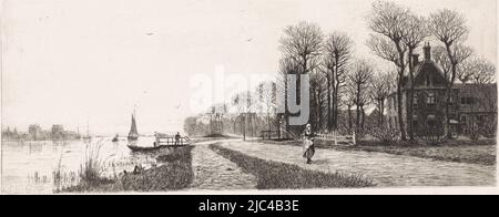 Case lungo il fiume Amstel. Una donna che cammina sulla strada, Huizen aan de Amstel, tipografo: Elias Stark, (firmato dall'artista), Nieuwer-Amstel, Mar-1887, carta, incisione, h 168 mm x l 338 mm Foto Stock