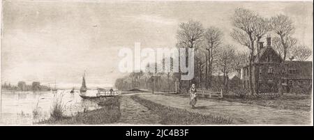 Case lungo il fiume Amstel. Una donna che cammina sulla strada, Huizen aan de Amstel, tipografia: Elias Stark, Nieuwer-Amstel, Mar-1887, carta, incisione, a 165 mm x l 334 mm Foto Stock