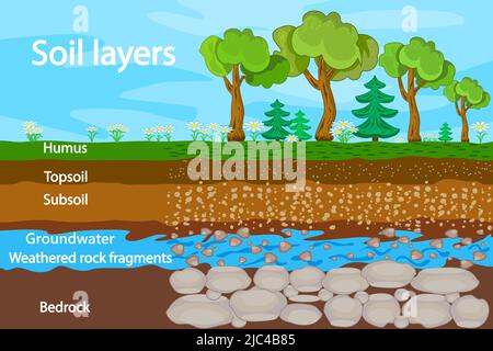 Diagramma per strato di suolo. Schema strati di suolo con erba, struttura di terra, acque sotterranee e pietre. Sezione trasversale di suolo sotterraneo humus layers.Vector Illustrazione Vettoriale