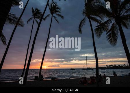 Turisti che guardano il tramonto sotto le palme, 'Anaeho'omalu Beach, Waikoloa, Big Island, Hawaii, USA Foto Stock