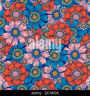 Modello di campo di fiori. Potere del fiore. Schema hippie degli anni sessanta. Fiori estate modello. Illustrazione Vettoriale