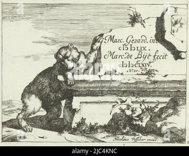 Orso vicino muro di pietra orsi (titolo della serie), tipografo: Marcus de Bye, (menzionato sull'oggetto), editore: Nicolaes Visscher (i), (menzionato sull'oggetto), tipografo: L'Aia, editore: Amsterdam, 1664, carta, incisione, a 115 mm x l 147 mm Foto Stock