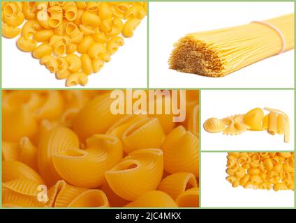 Collage con varietà di tipi e forme di pasta italiana isolato su sfondo bianco. Foto Stock