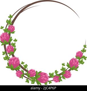 Corona di fiori rosa trifoglio. Telaio rotondo, pianta luminosa carina con foglie di shamrock. Decorazioni natalizie per matrimoni, feste, cartoline, poster e design. Illustrazione piatta vettoriale Illustrazione Vettoriale