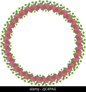 Corona di fiori rosa trifoglio. Telaio rotondo, pianta luminosa carina con foglie di shamrock. Decorazioni natalizie per matrimoni, feste, cartoline, poster e design. Illustrazione piatta vettoriale Illustrazione Vettoriale