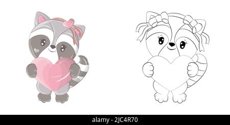 Clipart Raccoon multicolore e Bianco e Nero. Carino clip Art Raccoon con un cuore nelle sue paws. Illustrazione vettoriale di un animale per adesivi, bambino Illustrazione Vettoriale